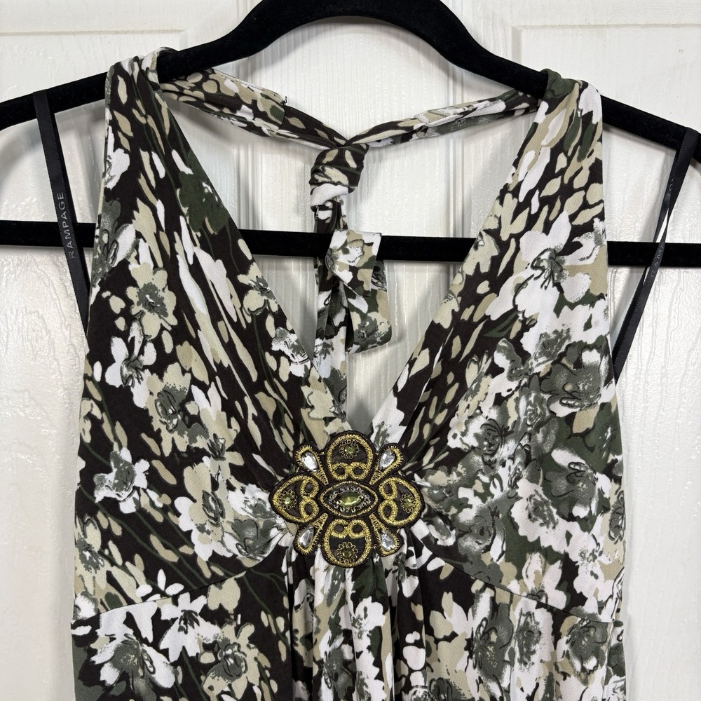 Vtg Rampage Halter Top Small Y2K Green Brown Floral Appliqué Rhinestones Neutral